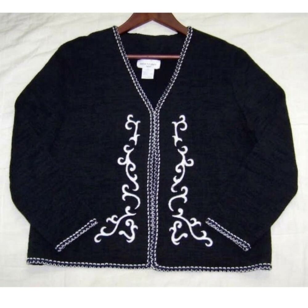 Vintage Miss Dorby Size S Black White Embroidered Scroll Vine Cardigan Sweater